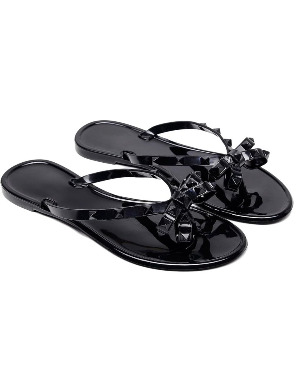 Women Black Thong Open Toe Jelly Bow Stud Slip On Studded Flat Sandal Shoes